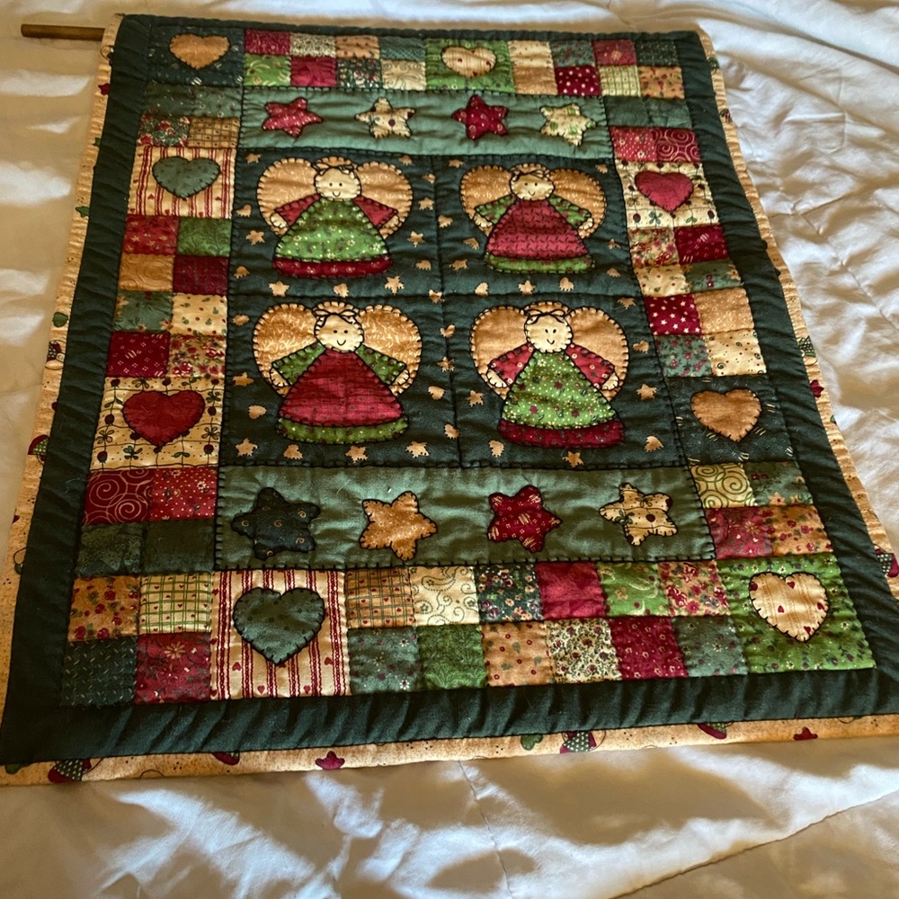 Rare Vintage 1960's Handmade Christmas Angel Quilted Wall Tapestry